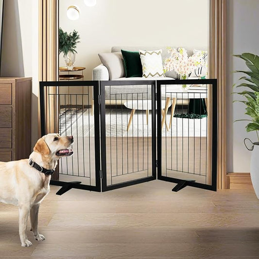 ZJSF Freestanding Dog Gate Indoor, Foldable Dog Fence for Doorways,Hallways or Stairs, Sturdy Wood Extra Wide Pet Gate with Support Feet,Black,32 "Height-3 Panels