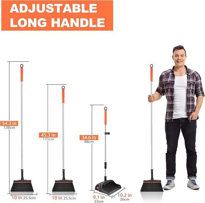 Broom with Dustpan Combo Set, 54'' Extendable Long Handle Broom, 180 Degree Rotating Brush Indoor Upright Standing Dustpan with Comb Teeth, Ideal for Home, Kitchen, Lobby, and Office