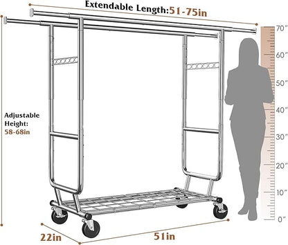 Raybee Clothes Rack Load 630LBS, Heavy Duty Clothes Rack, Rolling Clothing Racks for Hanging Clothes with Wheels, Adjustable & Commercial Garment Rack, 22" D x 75" W x 68" H