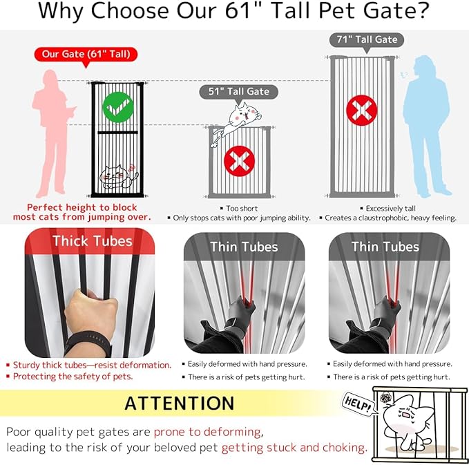 Lumizone Extra Tall Cat Gate 61.02" High Pressure Mounted Extra Wide 38.39"-42.51" (17Sizes) 1.37" Gap No Drilling Auto-Close Tall Pet Gate for Dogs (Black, 38.39"-42.51" W)