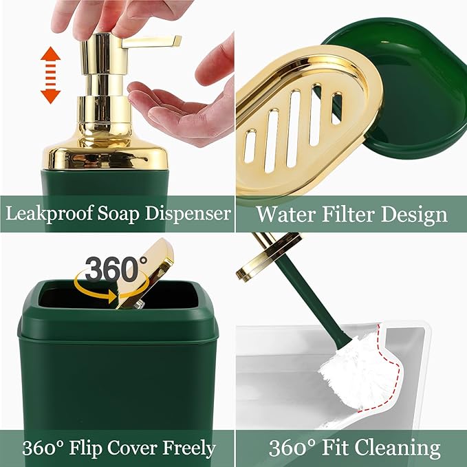 Bathroom Set - Dark Green Bathroom Sets with Shower Curtain and Rugs, 24PCS Shower Curtain Set with Hooks, Soap Dispenser, Soap Dish, Toilet Brush Holder and Trash Can for Housewarming