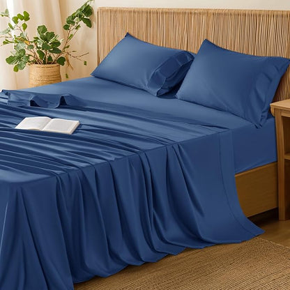 LBRO2M 100% Cotton Sheets Set Queen Size 600 Thread Count 4 Piece Sets Bed Sheet Deep Pocket Up to 16" Soft Comfortable All Season (Queen, Navy Blue)