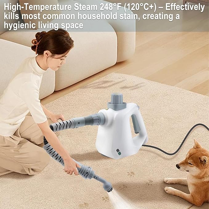 Handheld Pressurized Steam Cleaner with 11 Attachments – Portable Multi-Surface Steamer for Home, Mattress, Floors, Couch, Windows, Upholstery, Car, and Grout – Deep Cleaning & Stain Removal(White)