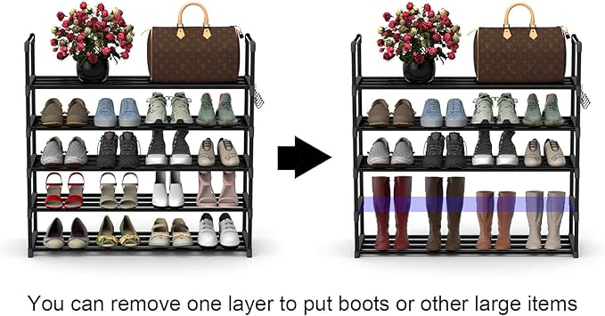 5 Tiers Metal Shoe Rack,Adjustable Shoe Shelf Storage Organizer with Hooks,Stackable Boot & Shoe Storage,for Entryway,Hallway,Closet,Black