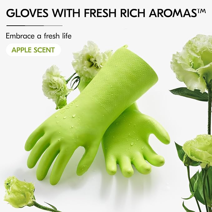 Vgo... 1 Pair Household Cleaning Gloves Infused with Rresh Rich Aromas, Lined Dishwashing Gloves,Long Sleeves Kitchen Gloves, Bathroom Cleaning, Gardening, Pet Care(Light Green,Size M,TP1117)