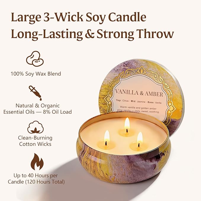 3-Pack Large 3-Wick Tin Candle Set, 14oz Each — White Tea & Sage, Vanilla Amber, Cashmere Cedar — Luxury Strong-Throw Aromatherapy Candles in Gift Gold 6.3 x 7.09 in