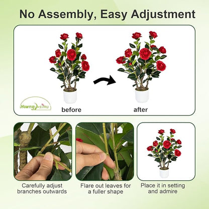 2 Pack Artificial Camellia Tree with White Pot, 24" Faux Potted Plants for Indoor Outdoor Decor, Tall Silk Greenery Plant for Home Office Living Room Balcony, Red