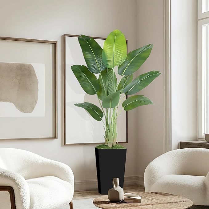 Lifelike Bird of Paradise Artificial Plant 6ft Faux Banana Leaf Tree with Black Tall Planter for Home Decor - Perfect Indoor Silk Floor Plant for Living Room, Office, and Bedroom Ambiance Enhancement