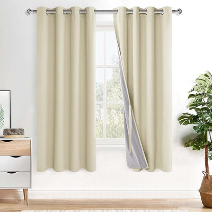 XWZO 100% Blackout Curtains 63 Inches Long with Tiebacks- Privacy Protection & Noise Blocking Window Draperies Grommet Top with Black Liner for Bedroom/Living Room, Beige, W52 x L63, Set of 2