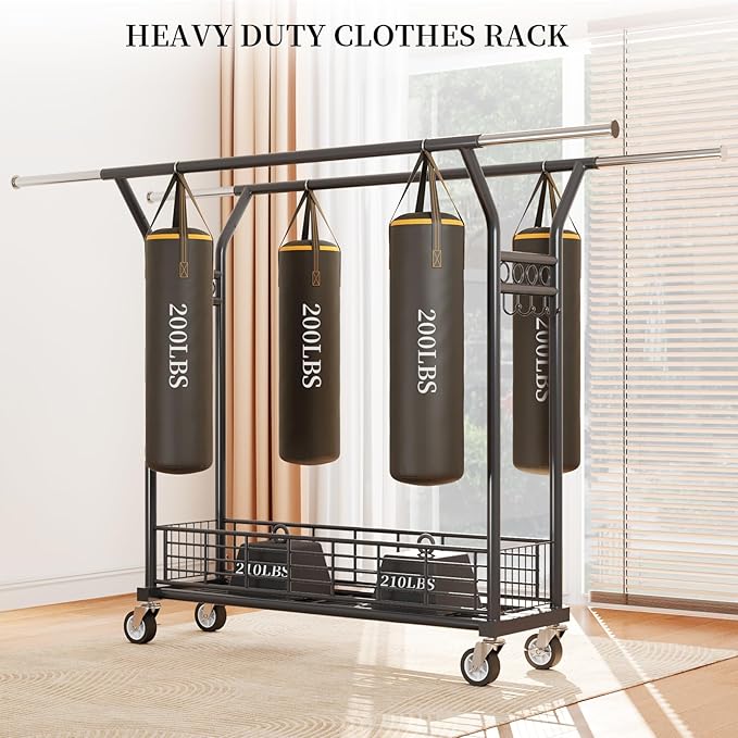 Heavy Duty Clothes Rack - Double Rod Clothing Racks for Hanging Clothes, Portable & Adjustable Garment Rack with Wheels, Rolling Clothes Rack Load 670LBS for Bedrooms, Laundry, Closet (Black)