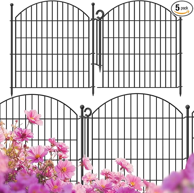Decorative Garden Fence 32in (H) x12ft (L), 5 Pack No Dig Fence Animal Barrier for Dog with Lock, Arched Flower Bed Edging, Wire Border Panel Fencing for Yard Patio Outdoor Decor