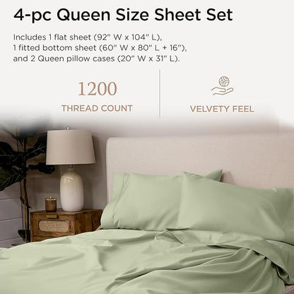 Threadmill Luxury Supima Cotton Sheets, Luxury 1200 Thread Count Soft 100% Cotton Sheets for Queen Size Bed, 4 Pc Sage Green Bed Sheets Queen Set, 5-Star Hotel Quality Deep Pocket Bed Sheets Set