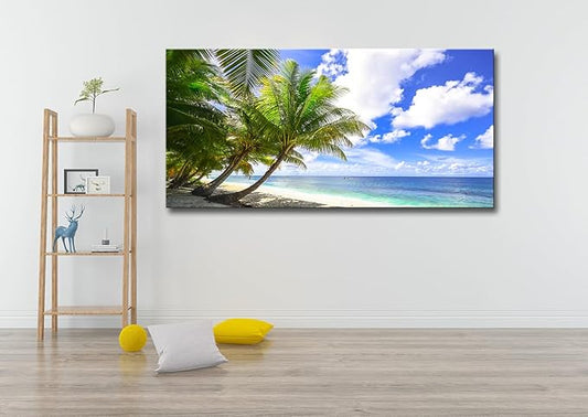 weiyiart Large Canvas Wall Art Blue Ocean Canvas Wall Art Summer Ocean Waves Coconut Trees on Sands Beach Seascape Painting Sea Nature Pictures for Living Room Home Office Wall Decor