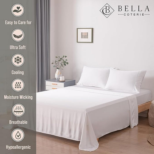 Bella Coterie Luxury Bamboo Viscose Queen Size Sheet Set | 100% Organically Grown | Ultra Soft | Cooling for Hot Sleepers | 18" Deep Pocket [White]