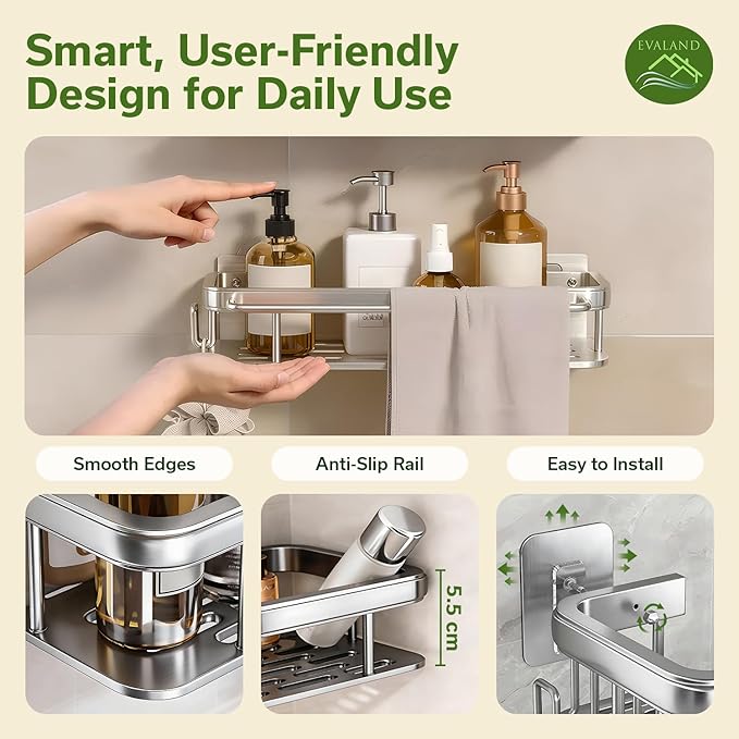 EVALAND Shower Caddy Adhesive 2-Pack with Hooks and Rod for Towels, Silver – Premium Bathroom Shower Shelves, Shampoo Organizer, Bathtub Shelf, Rustproof, Easy Installation, Sturdy Modern Look