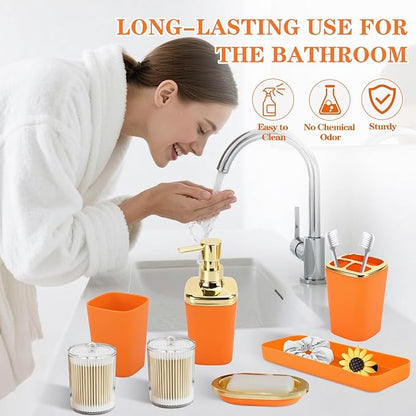 Orange Bathroom Accessories Set, Orange and Gold Bathroom Accessories with Trash Can, Soap Dispenser, Soap Dish, Toothbrush Holder and Q-tip Holders