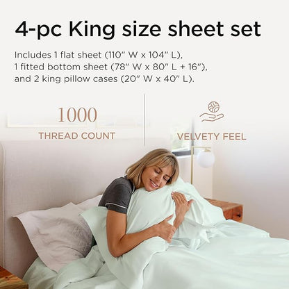Threadmill Supima King Size Sheets, 1000 Thread Count, 4 Piece American Luxury Bed Sheets for King Mattress, 5 Star Hotel Quality Cotton Sheets with Elasticized Extra Deep Pocket, Seaglass