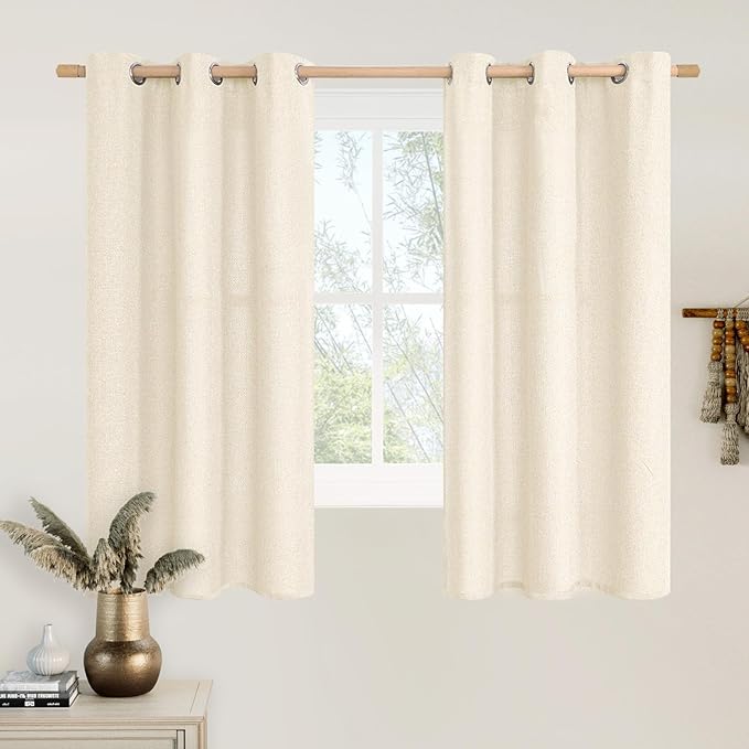 LAMIT Light Beige Short Linen Curtains 48 inch Length for Windows, Grommet Light Filtering Curtains Privacy Protected Window Drapes for Bedroom/Living Room, Set of 2 Panels, W42 x L48