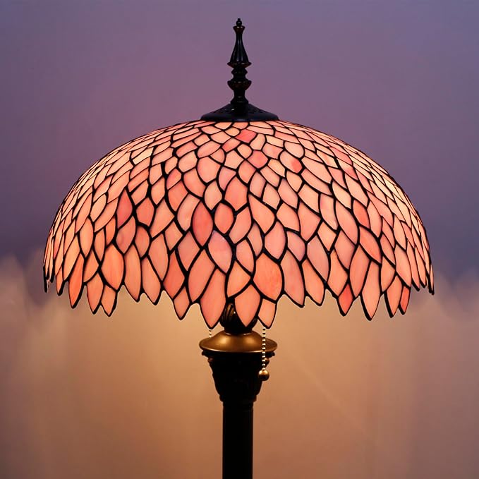 WERFACTORY Tiffany Floor Lamp Pink Wisteria Stained Glass Standing Reading Light 16X16X64 Inches Antique Style Pole Corner Lamp Decor Bedroom Living Room Home Office S523P Series
