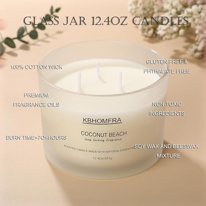 Scented Soy Wax Candle, 12.4 Oz Glass Jar, 70+ Hours Burn Time, Natural Essential Oils, Cotton Wick, Long Lasting Fragrance, Modern Contemporary Style (Coconut Vanilla+Jasmine 2pack)