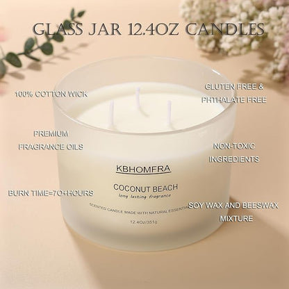 Scented Soy Wax Candle, 12.4 Oz Glass Jar, 70+ Hours Burn Time, Natural Essential Oils, Cotton Wick, Long Lasting Fragrance, Modern Contemporary Style (Coconut Vanilla+Jasmine 2pack)