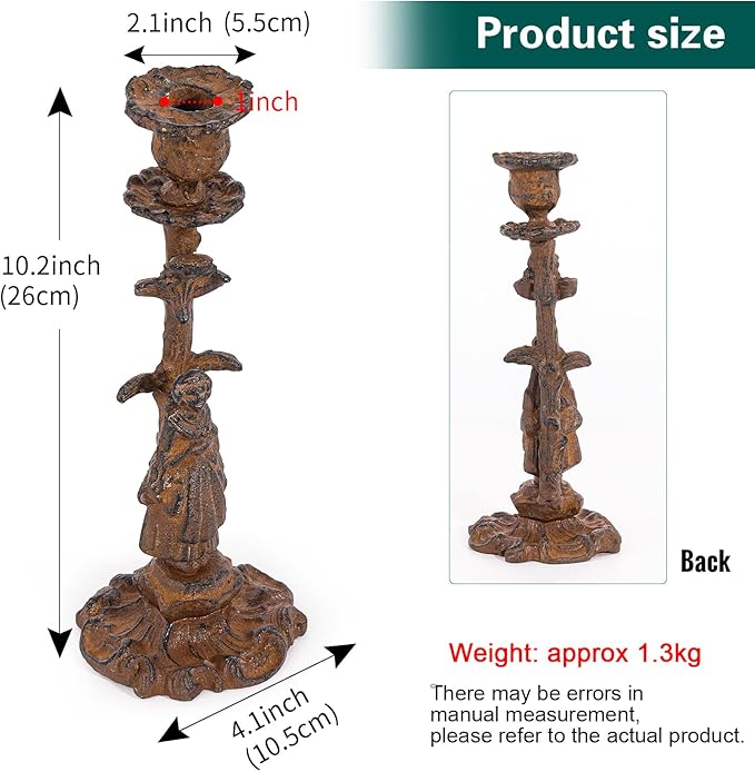 Sungmor Vintage Cast Iron Candle Holder, 10.2" Tall Rustic Noblewoman Figurine Candlestick - Decorative Taper Candle Stand for Home, Tabletop, Mantel Display - Gothic, Medieval, or Farmhouse Décor