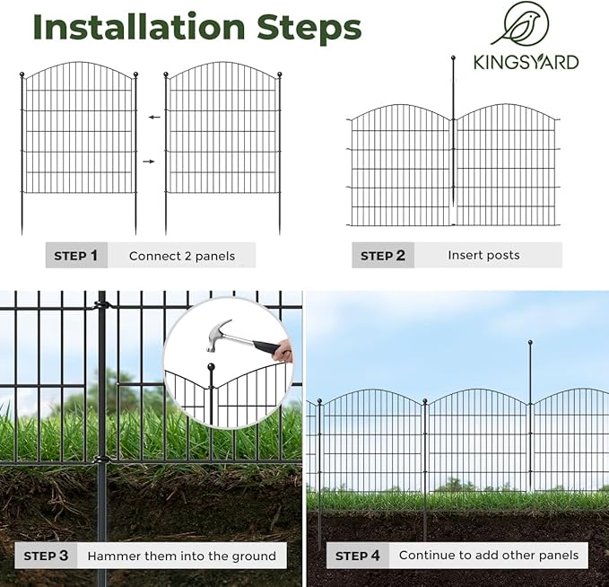 Kingsyard 23.3ft(L) x32in(H) Garden Fences with Gate, 10 Panels No Dig Decorative Outdoor Garden Fence Animal Barrier, Rustproof Garden Fencing and Borders for Dog, Rabbits, Temporary Fencing Stakes