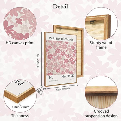 HLNIUC Matisse Pink Framed Wall Art Set,Neutral Pink Flower Canvas Wall Decor Set of 3(24”x36’) Modern Aesthetic Pictures Painting,Abstract Floral Market Art Print for Living Room Bedroom Office
