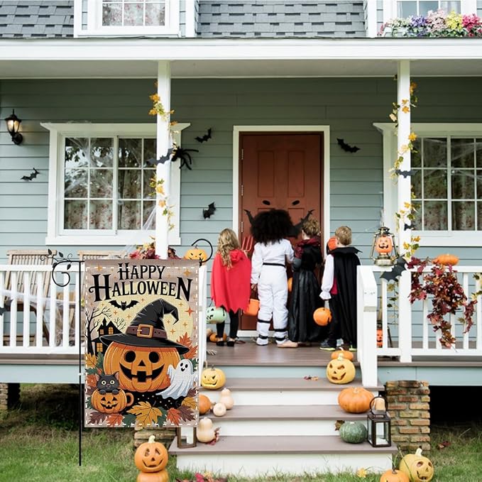 Fokongna Happy Halloween Garden Flag, Cute Pumpkin Ghost Black Cat Garden Flag,Trick or Treat 12x18 Inch Burlap Vertical Double Sided Flags, for Home Yard Outside Decorations