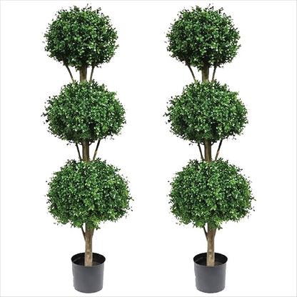 Two 66 Inch Artificial Boxwood Triple Ball Topiary Trees Potted UV Rated 5 and a Half Foot Tall
