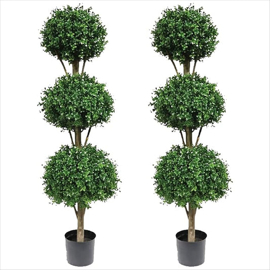 Two 66 Inch Artificial Boxwood Triple Ball Topiary Trees Potted UV Rated 5 and a Half Foot Tall