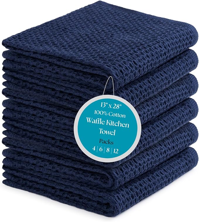Premium 100% Cotton Waffle Towels for Kitchen (13x28, 6 pc) – Solid, Ultra Soft, Scratch-Free & Super Absorbent - Quick Drying Cleaning Towels,Perfect Dish Cloth, Blue