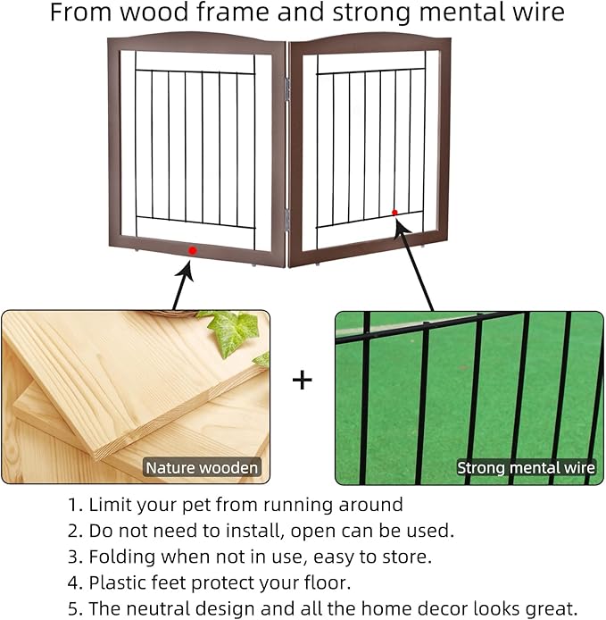 ZJSF Freestanding Foldable Dog Gate for House Extra Wide Wooden Indoor Puppy Gate Stairs Doorways Pet Gate Tall Dog Fence 2 Panels Fence Brown