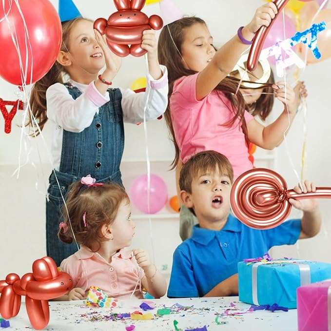 KAWKALSH 260 Metallic Rose Gold Long Balloons for Balloon Garland Thickening Skinny Latex Twisting Animals Modeling Christmas Birthday Wedding Party Festival Decorations 100pcs