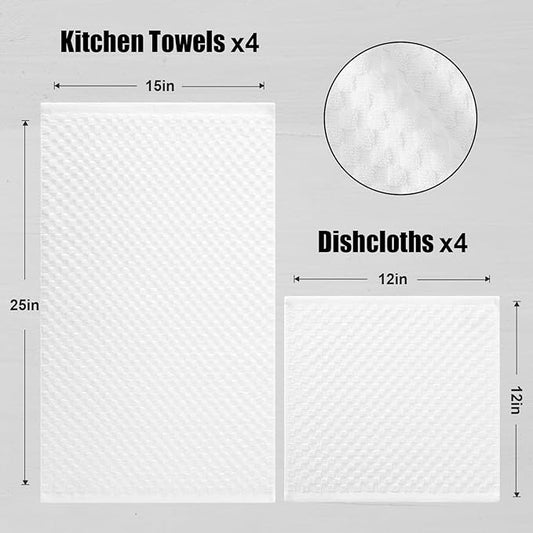 Fintale 100% Cotton Kitchen Towels and Dishcloths Set, 12 x 12 & 15 x 25 Inches, Set of 8 Bulk Super Soft and Absorbent Terry Cloth Dish Towels, Quick Drying Hand Towels with Hanging Loop, White