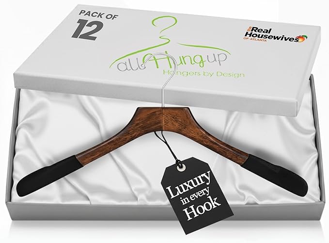 Premium Luxe Wood Coat Hangers, Wide Shoulder Wooden Jacket Hangers with Velvet Grip, Heavy Duty Luxury Hangers for Coats & Blazers, Mahogany with Black Velvet, 12 Pack