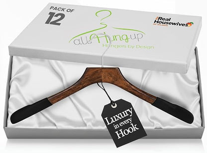 Premium Luxe Wood Coat Hangers, Wide Shoulder Wooden Jacket Hangers with Velvet Grip, Heavy Duty Luxury Hangers for Coats & Blazers, Mahogany with Black Velvet, 12 Pack