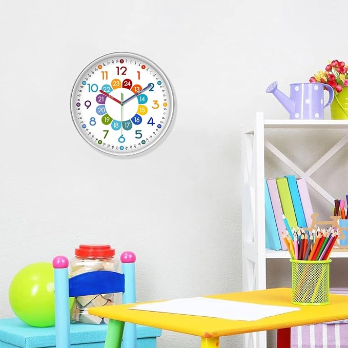 XFM Silent Kids Wall Clock Battery Operated 12 Inch Non Ticking Kids Teaching Clock Colorful Analog Learning Clock Decorative for Kids Room Classroom School