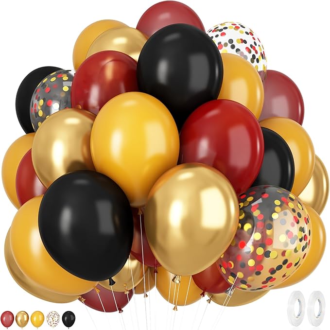 Black Burgundy Gold Balloon, 12 Inches 50 Pcs Burgundy and Gold Balloons Set with Metallic Gold Black Lemon Yellow Balloons for Kids Party Birthday Baby Shower Party Decorations