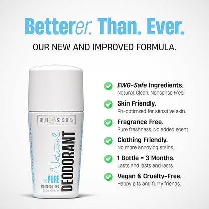 Bali Secrets Natural Deodorant for Women & Men. Fragrance Free. Unscented. Clean Formula for Sensitive Skin. Strong & Reliable Odor Protection. No Synthetic Aluminum. Organic & Vegan [THE PURE]