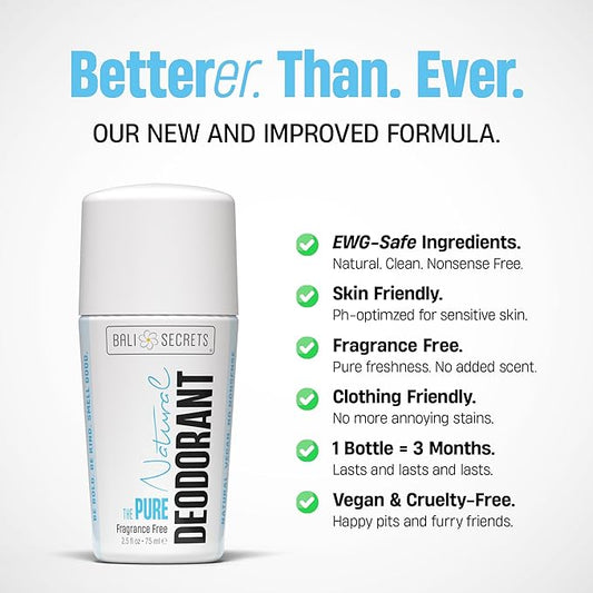 Bali Secrets Natural Deodorant for Women & Men. Fragrance Free. Unscented. Clean Formula for Sensitive Skin. Strong & Reliable Odor Protection. No Synthetic Aluminum. Organic & Vegan [THE PURE]