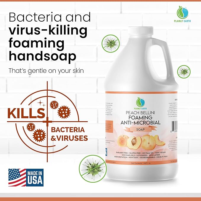 AntiMicrobial Hand Soap 64 oz - Peach Bellini Gentle Foaming Liquid Hand Soap Refill Antibacterial - Moisturizing, Long Lasting Freshness & Safe for Skin