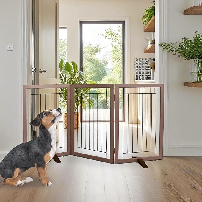 ZJSF Freestanding Dog Gate Indoor, Foldable Dog Fence for Doorways,Hallways or Stairs, Sturdy Wood Extra Wide Pet Gate with Support Feet,Brown,32 "Height-3 Panels
