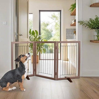 ZJSF Freestanding Dog Gate Indoor, Foldable Dog Fence for Doorways,Hallways or Stairs, Sturdy Wood Extra Wide Pet Gate with Support Feet,Brown,32 "Height-3 Panels