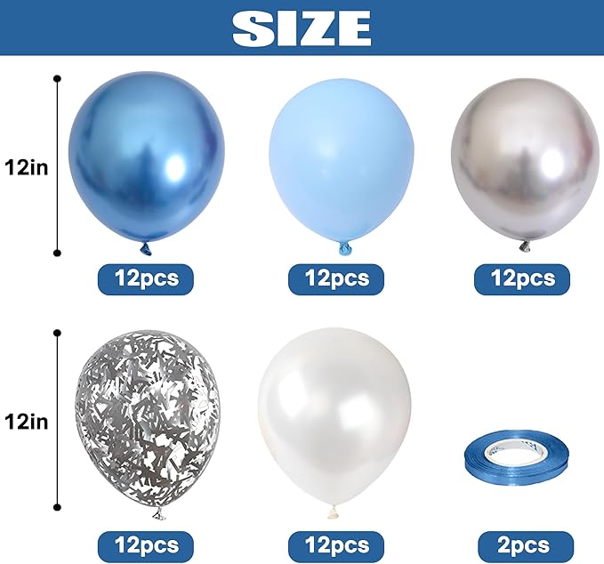 Metallic Blue Silver Balloon, 60 Pcs 12 Inches Chrome Blue White Balloon with Silver Balloons Glitter Confetti Balloons for Boys Baby Shower, Birthday, Baptism,Wedding Decorations