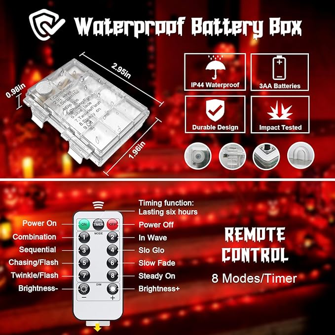 JMEXSUSS 2 Pack Red Fairy Lights Battery Operated, Total 200 LED 66ft Red String Lights Battery Powered with Remote, 8 Modes Halloween Lights for Tree Indoor Outdoor Wreath Bedroom Halloween Decor
