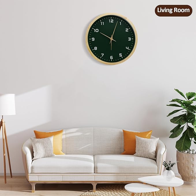 MEIRED Wooden Wall Clock 12 Inch Silent Non Ticking Wall Clocks Battery Operated Wood Analog Retro Round Clock Decorative for Kitchen,Home,Living Room,Classroom, Log Green