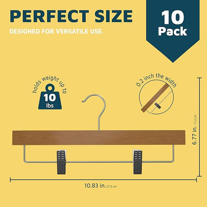 Natural Color Wooden Pants Hangers 10 Pack, Lotus Wood Hanger with Adjustable Non-Slip Clips, Heavy Duty 10 lb Capacity, 360° Swivel Hook, Slim, Space-Saving Design for Slacks, Jeans, Skirts