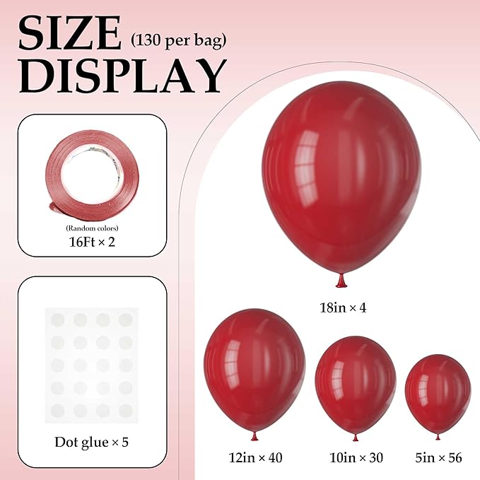 130PCS Burgundy Balloons, Latex Balloons Different Sizes 18/12/10/5 Inch, Helium Balloons with Ribbon, Party Balloon Set for Birthday Wedding Graduation Anniversary Baby Shower Decoration