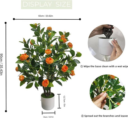 Artificial Camellia Tree 35in Faux Floral Plant with Orange Flowers and Green Leaves - No Maintenance Indoor Outdoor Office Home Porch Decor Housewarming Gift(2-Pack，Orange)